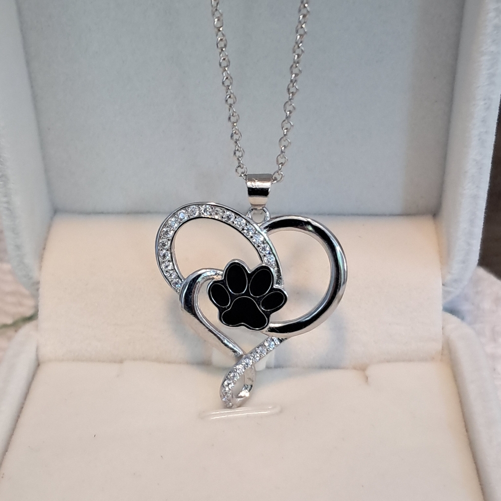 Dog Paw Heart Pendant Neclace 925 Sterling Silver